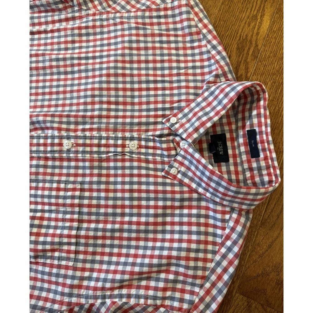 J Crew Slim Red Grey White Check Button Down Long Sleeve Shirt Men's Size M